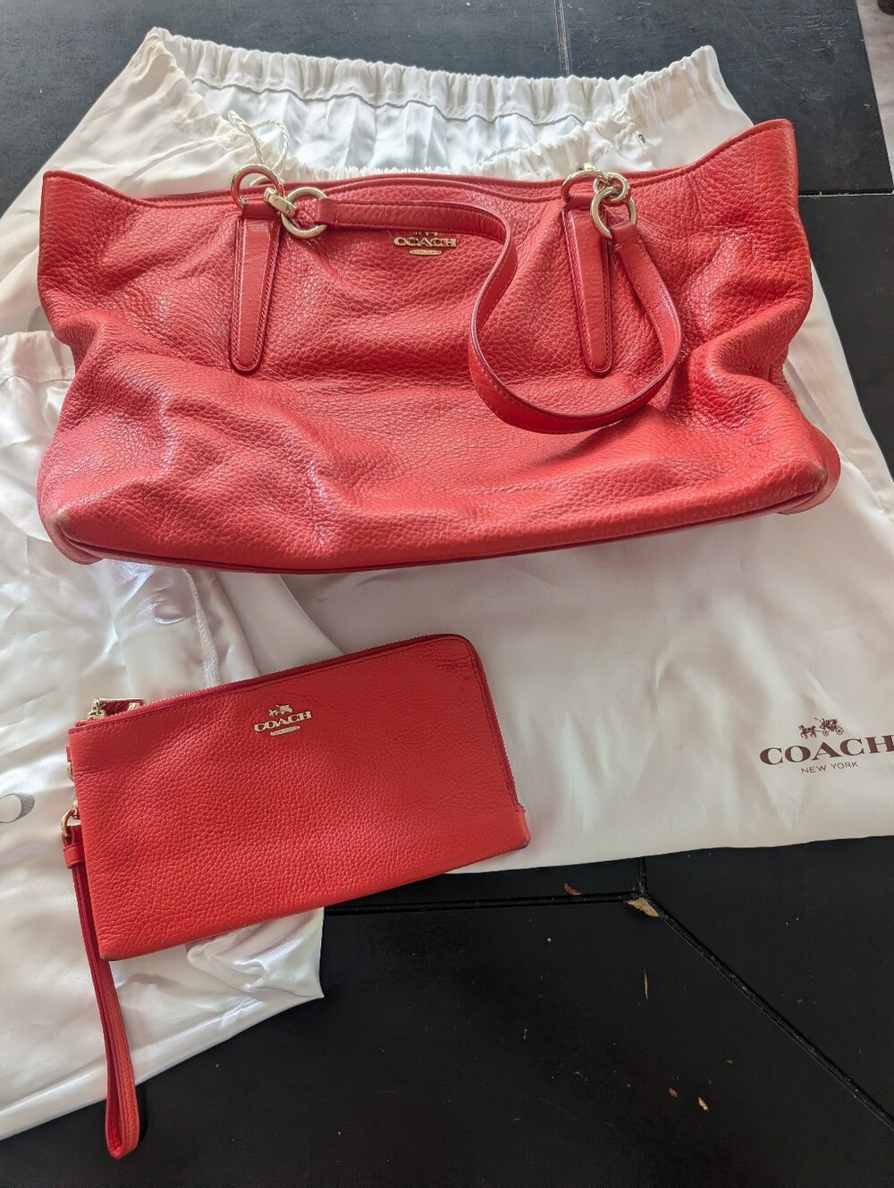 Coach Red Pebbled Leather Shoulder Tote with Matching Wristlet